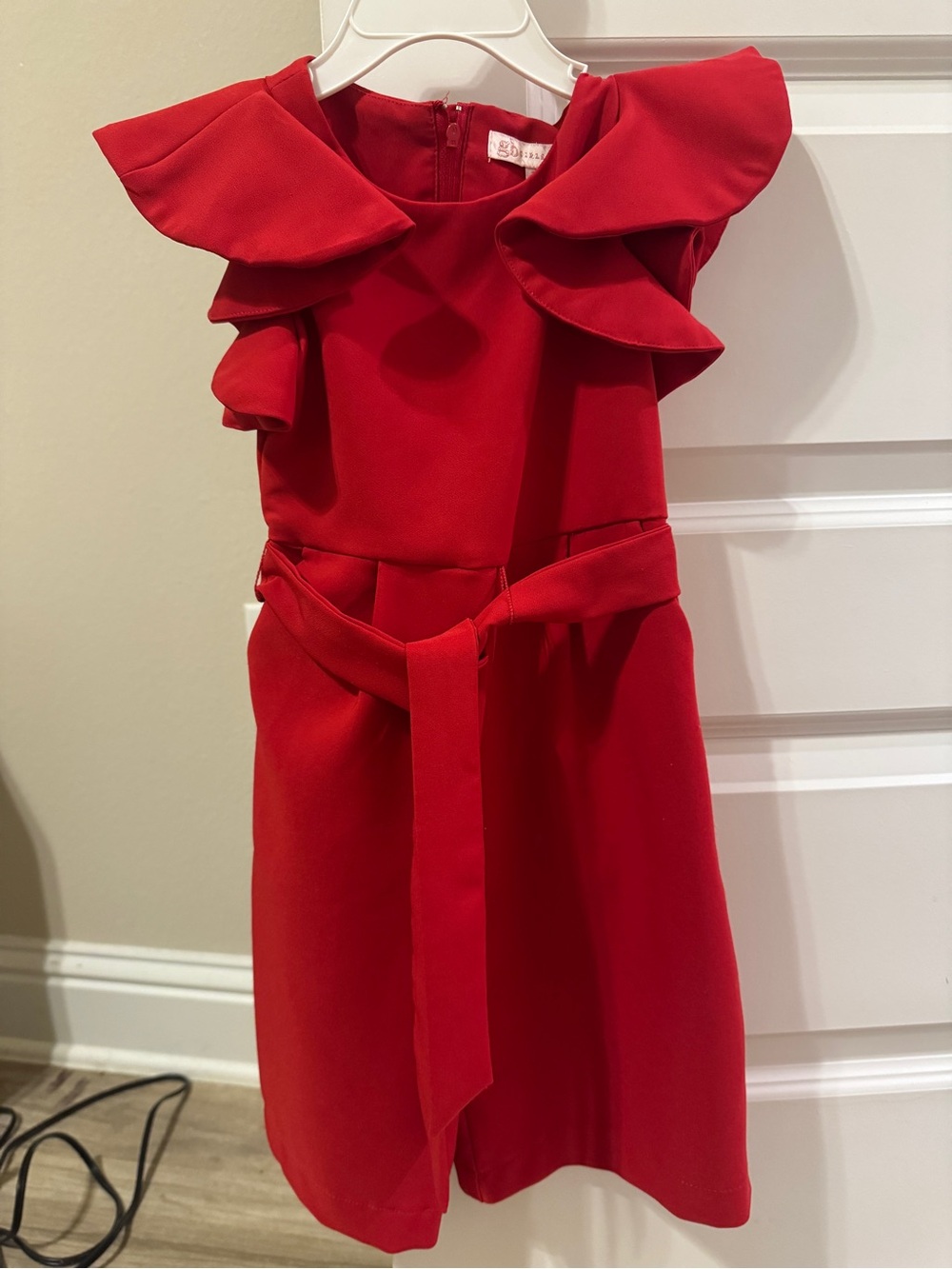 Elegant Red Ruffle-Sleeve Belted Girls Dress
